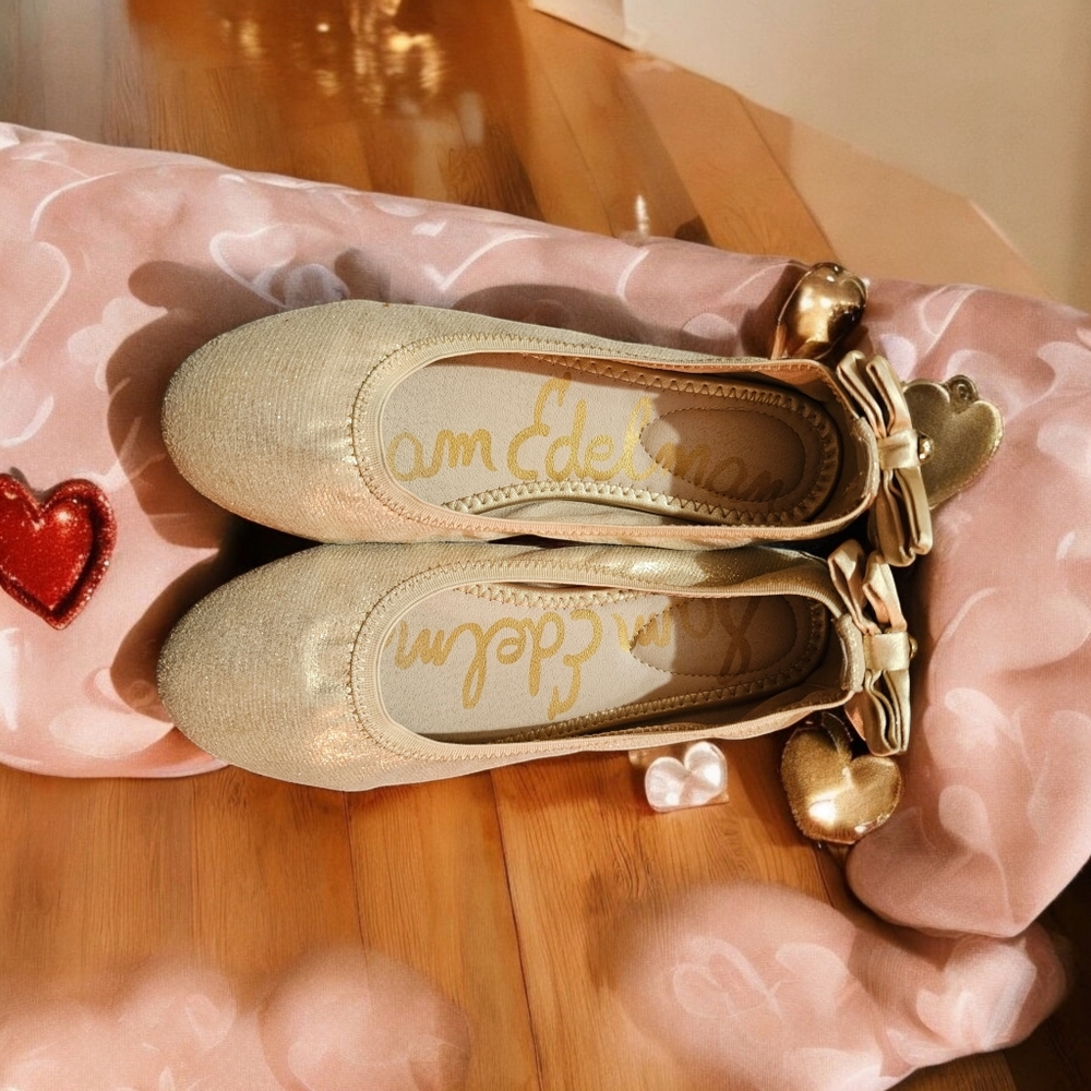 Girl’s SAM EDELMAN Felicia Flats Bow Scrunch Sz 2 Cream/ Metallic - Picture 4 of 7